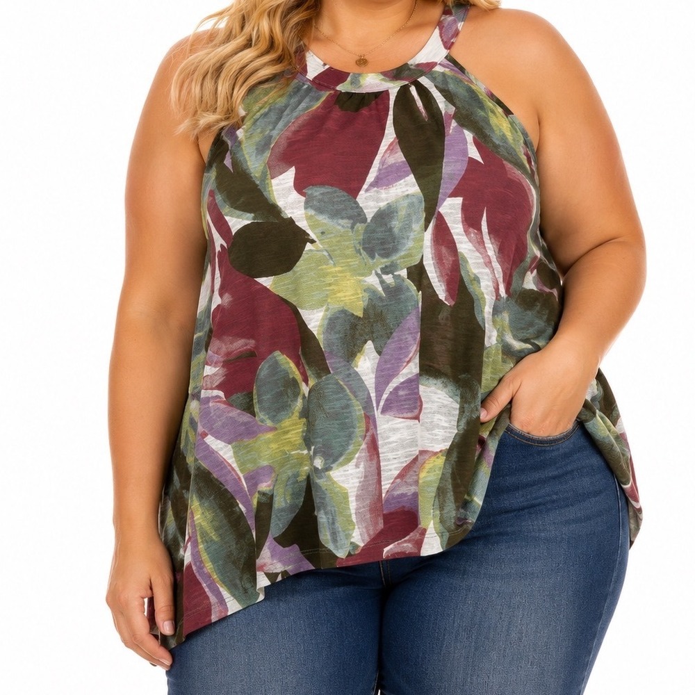 Tahari Women 2X Floral Halter Top Linen Blend Sleeveless Keyhole Back Blouse